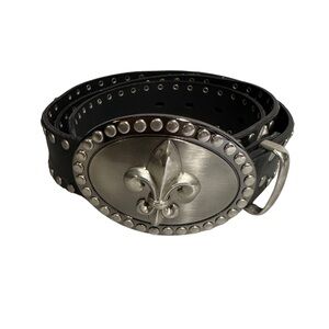 Fleur De Lois Black Leather Belt Silver Buckle‎ Size XL 40-42 Moto Biker Metal